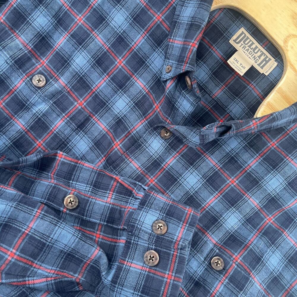 Duluth Trading Button Down Shirt Mens 3XL Tall Blue Plaid Flannel Relaxed Fit